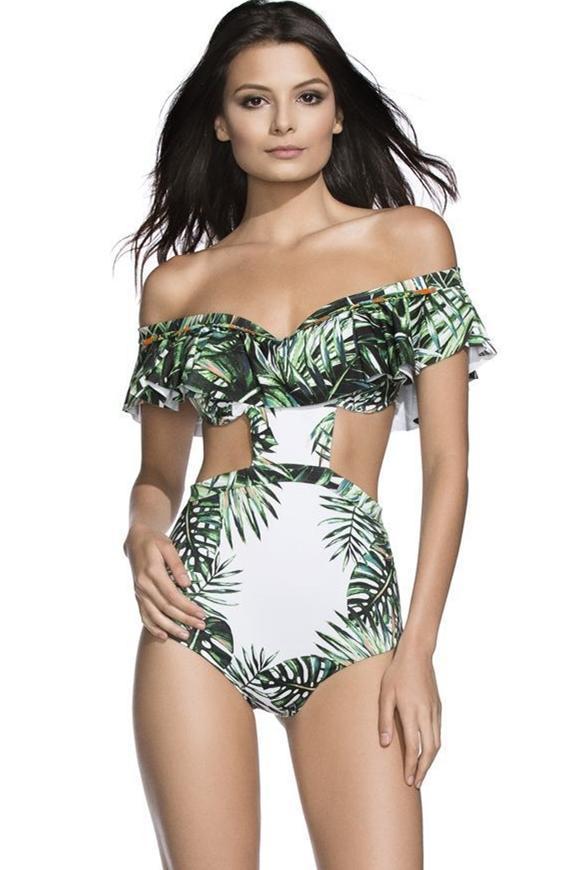 Dark Green Off Shoulder Tropical Leaf Print Ruffled Cutout Push Up Sexy One Piece Swimsuit