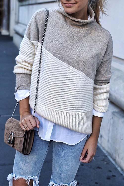 Fashion Long Sleeves Patchwork Sweater