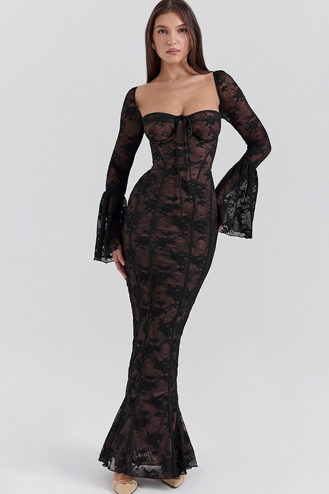 Lace Square Neck Milkmaid Tie Front Corset Seam Bell Sleeve Mermaid Maxi Dress 11