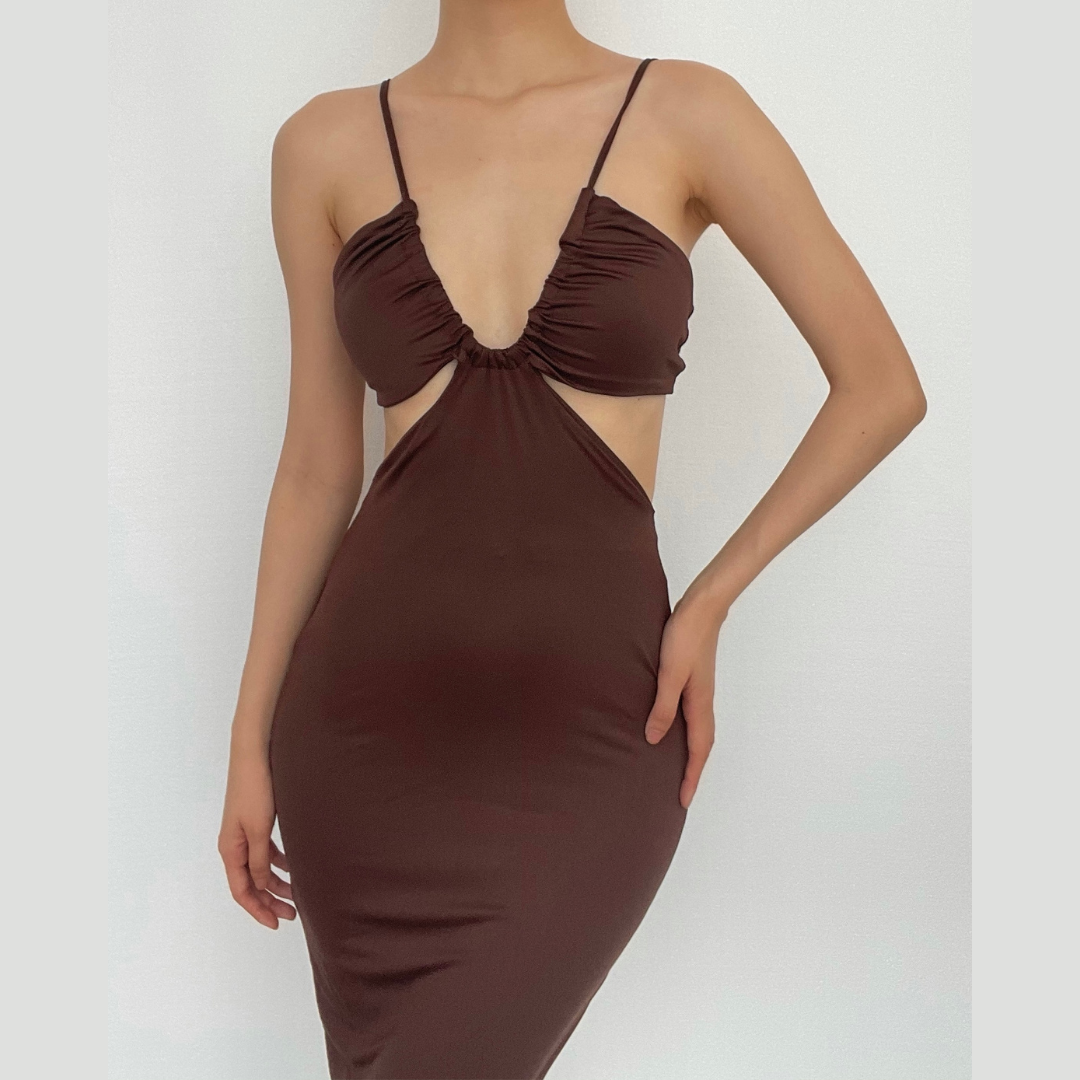 Plunging V Neck Ruched Bust Side Cutout Spaghetti Strap Bodycon Midi Dress