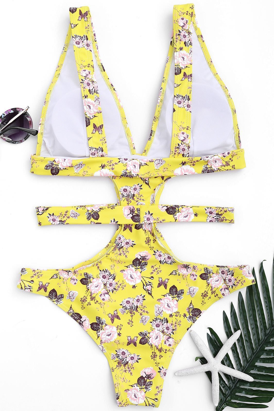 Yellow Cutout Plunging Floral Print Bandage Cheeky Sexy Monokini Swimwear