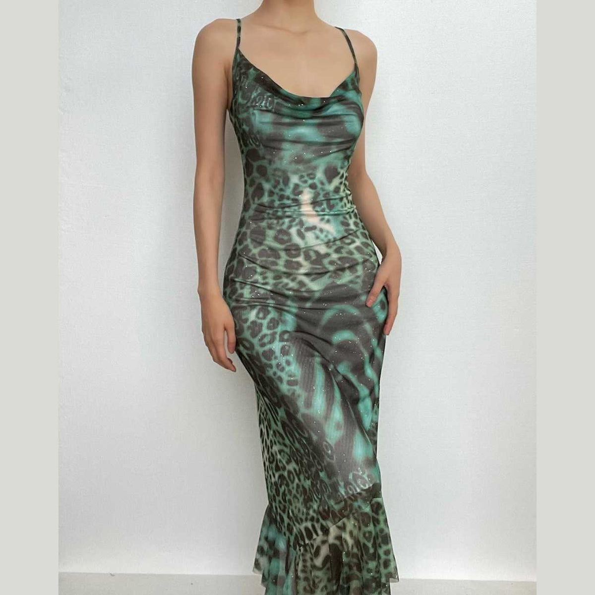 Print Cowl Neck Contrast Ruffle Backless Mesh Midi Dress