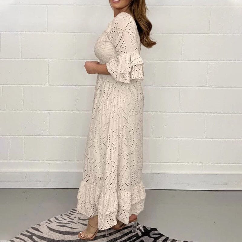 Broderie Anglaise Deep V-Neck Smocked Waist Tiered Ruffle Cuff Maxi Dress 4
