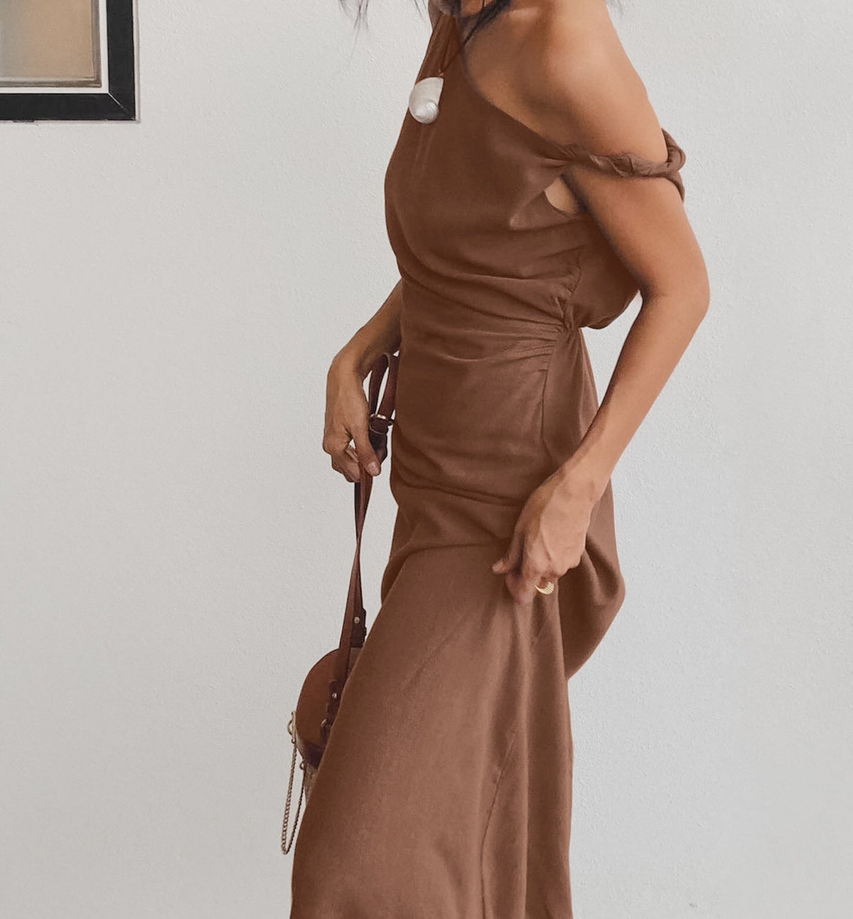 Halter Deep V Ruched Bodice Center Panel Drape Maxi Gown 9