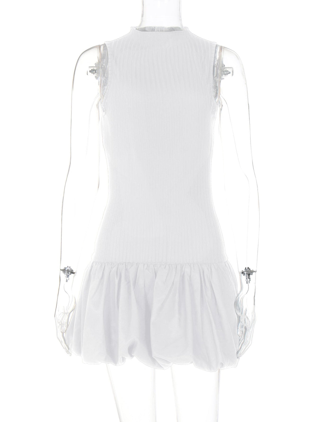Mock Neck Sleeveless Ribbed Knit Drop Waist Bubble Hem Mini Dress 9