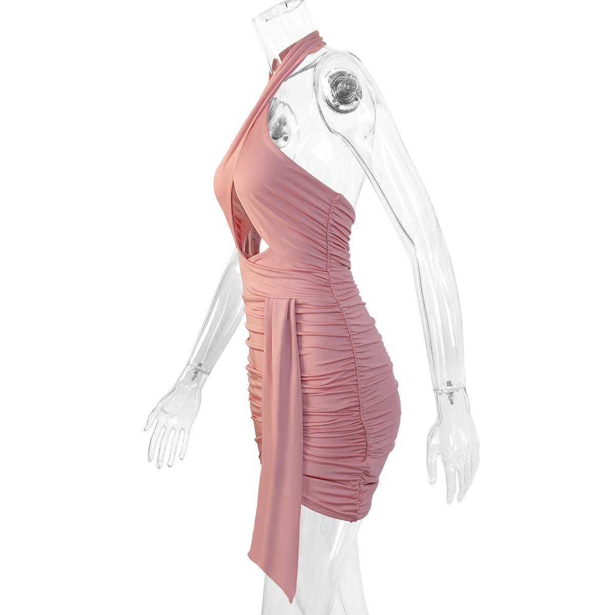 Criss Cross Halter Cutout Ruched Side Drape Mini Dress 8