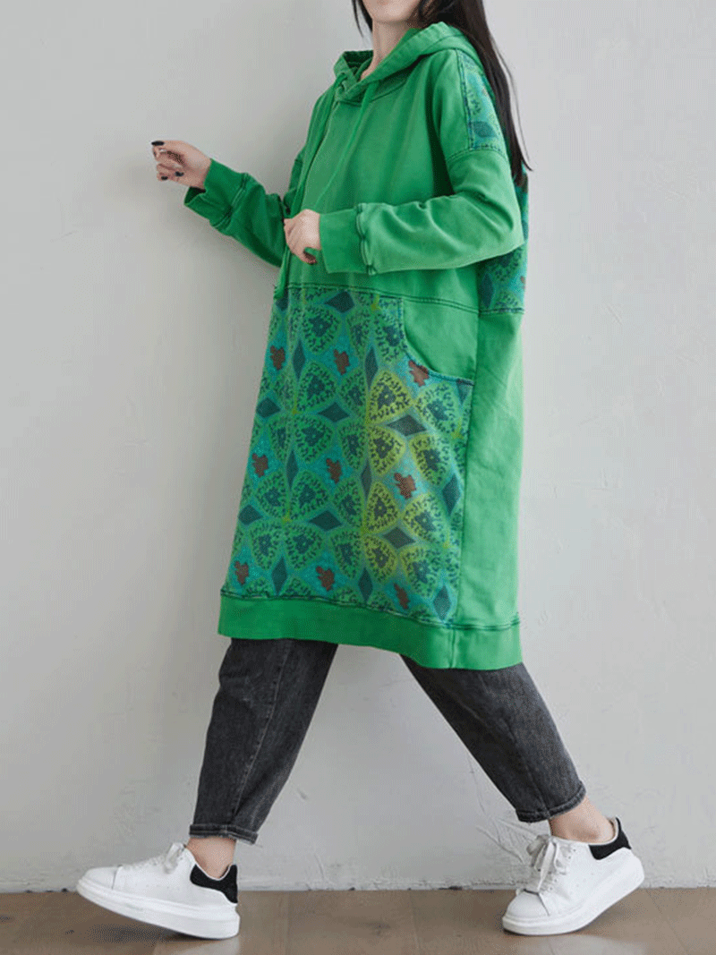 Hooded Kangaroo Pocket Geometric Print Oversized Mini Sweatshirt Dress 9