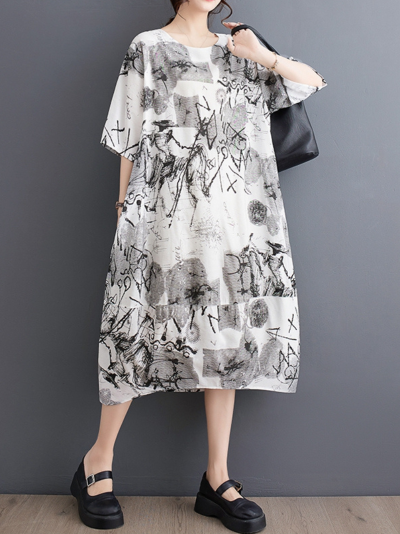 Round Neck Short Sleeve Graffiti Print Oversized Midi Dress 2