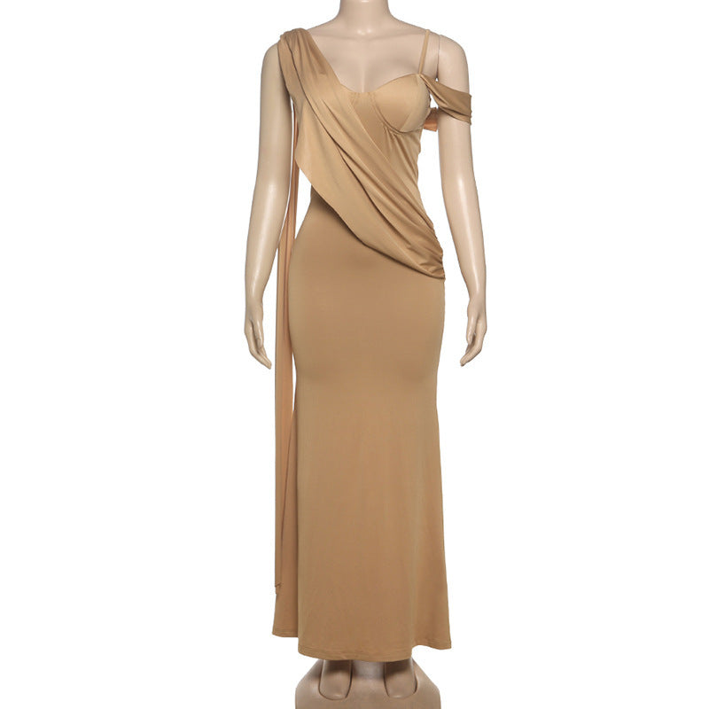 Asymmetrical Corset Sweetheart Drape Sash Column Maxi Gown 9