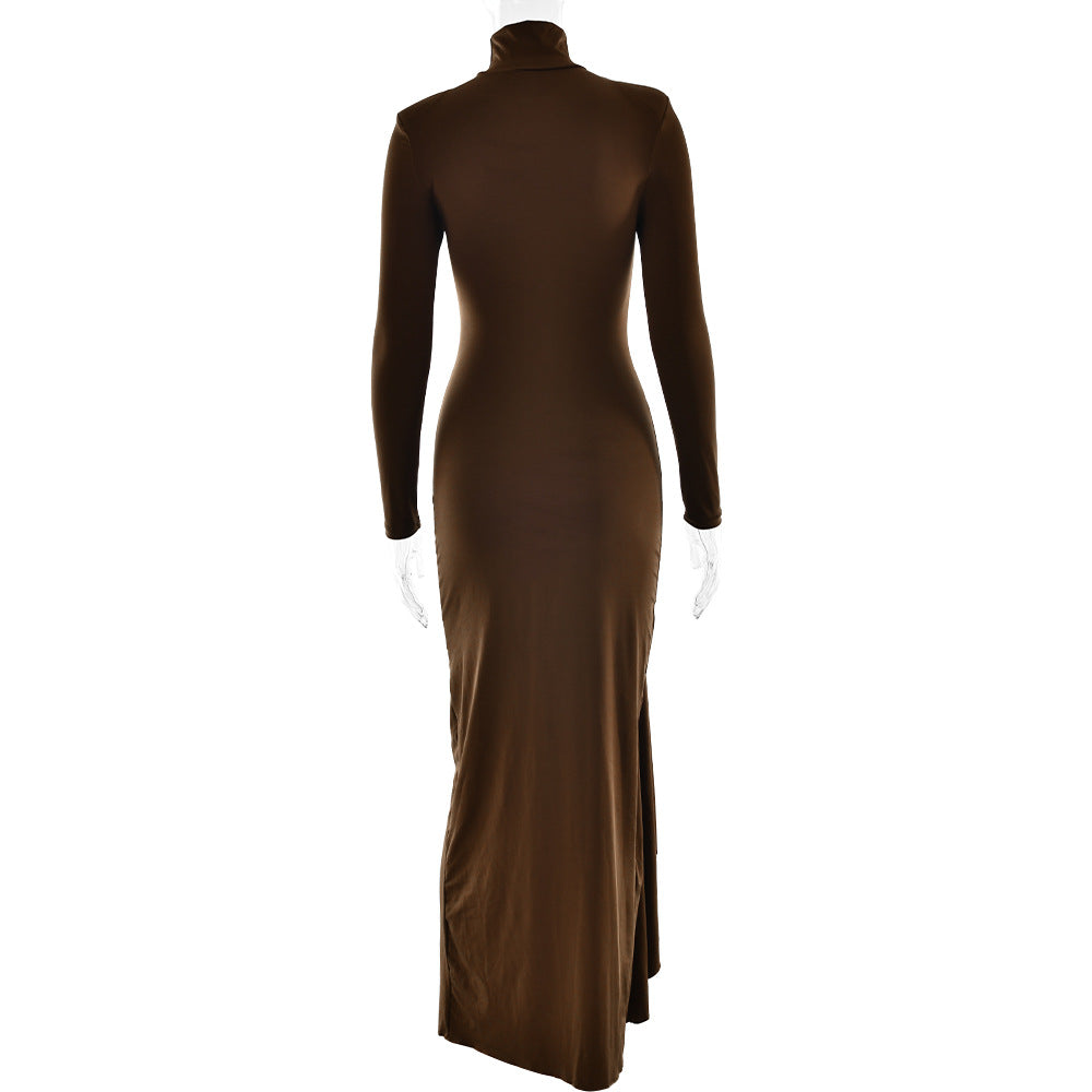 Turtleneck Long Sleeve Twisted Waist Knot High Slit Bodycon Maxi Dress 9