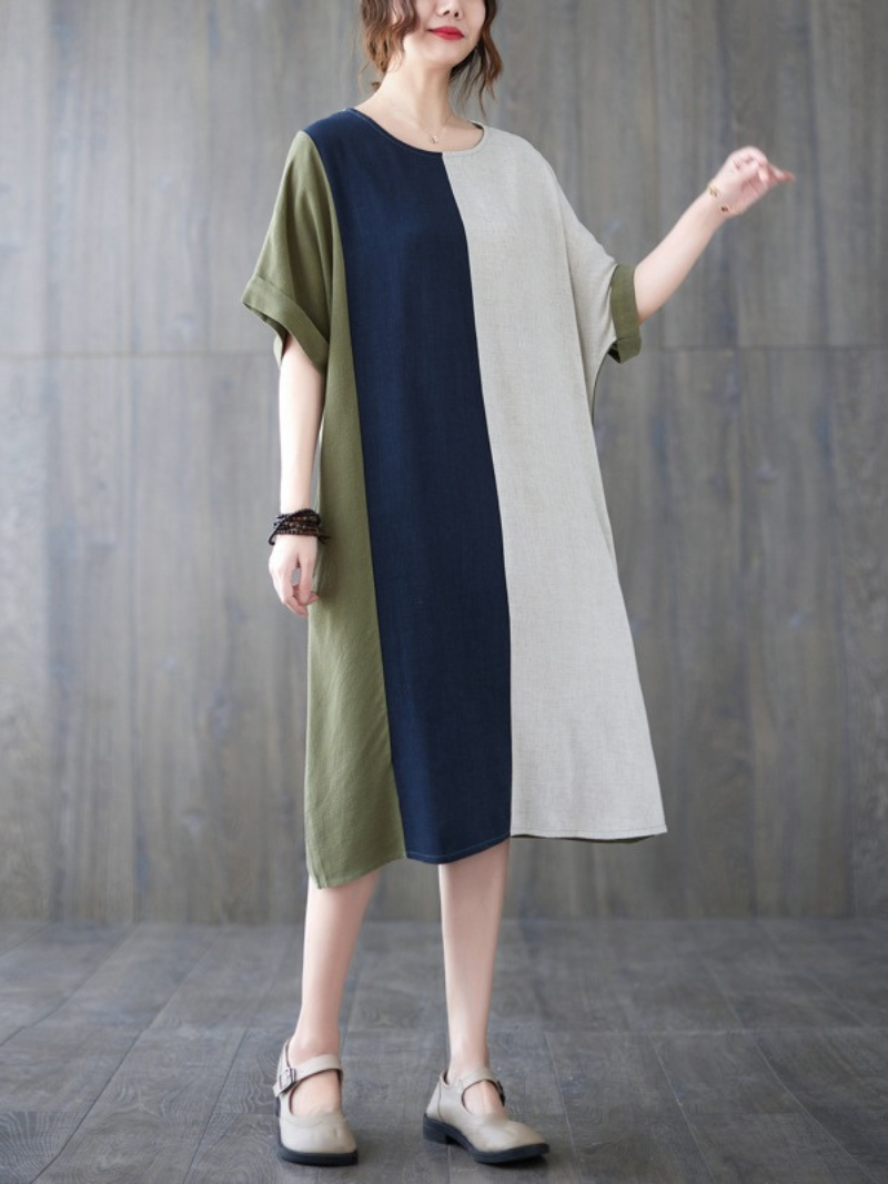 Round Neck Short Sleeve Color Block Panel Linen Midi Dress