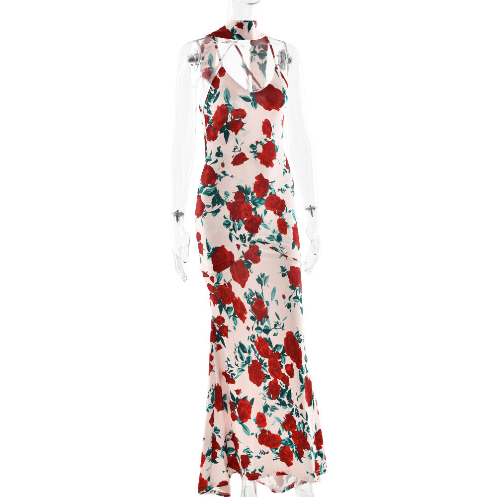 Floral Print Choker Spaghetti Strap Bodycon Mermaid Maxi Gown 9