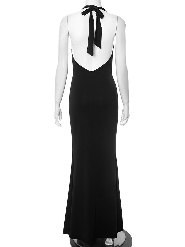 Plunging Halter Cowl Lace Side Panel Mermaid Maxi Gown 9