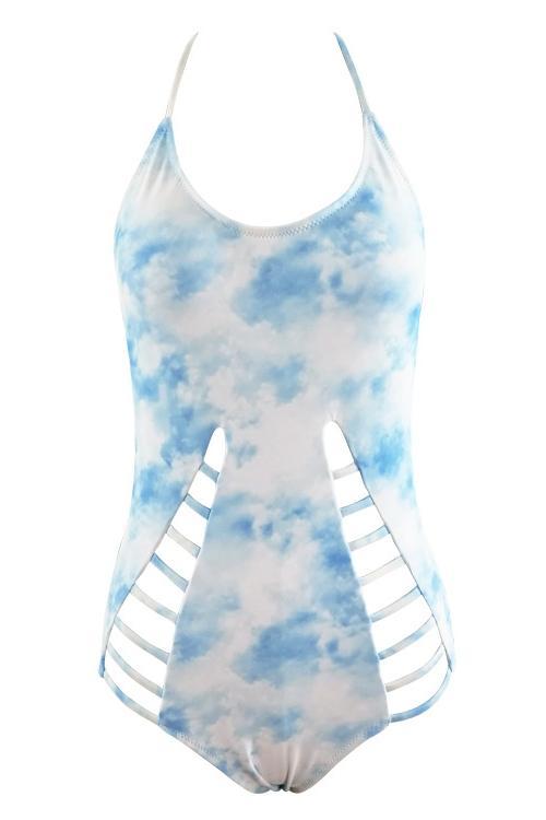 Light Blue Tie Dye Halter High Neck Strappy Cutout Sexy One Piece Swimsuit