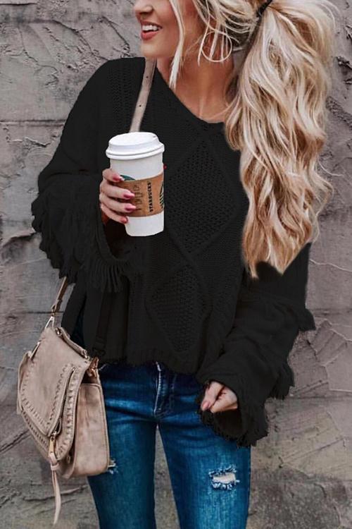 Fringed Solid Color Fashion Sweater