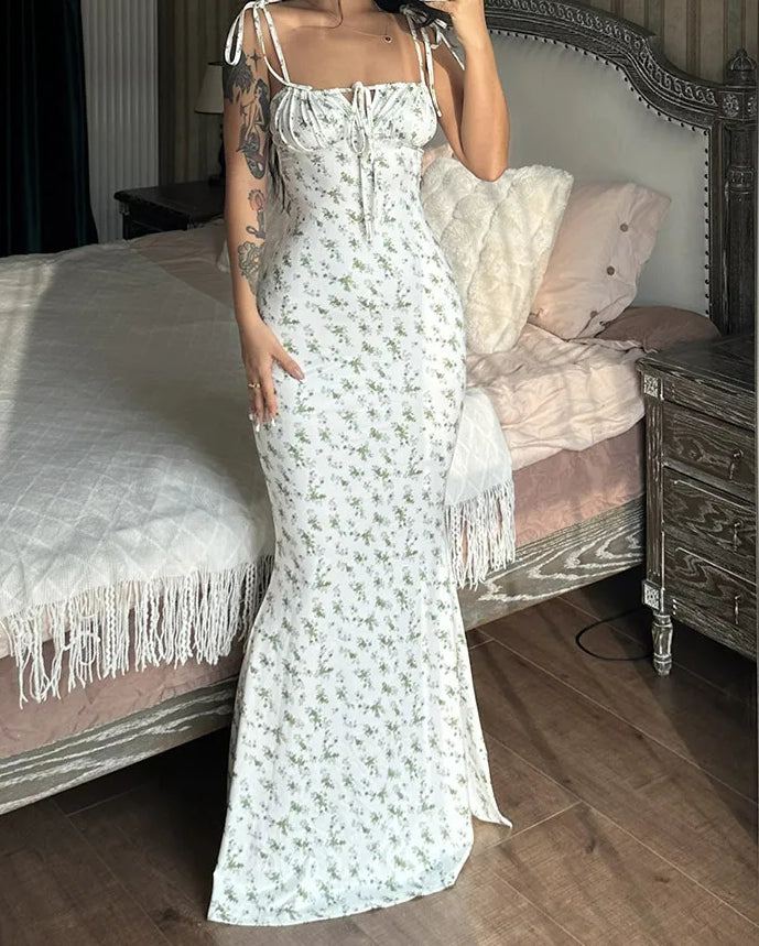 Floral Print Spaghetti Strap Sweetheart Lace Up Backless Maxi Dress 2
