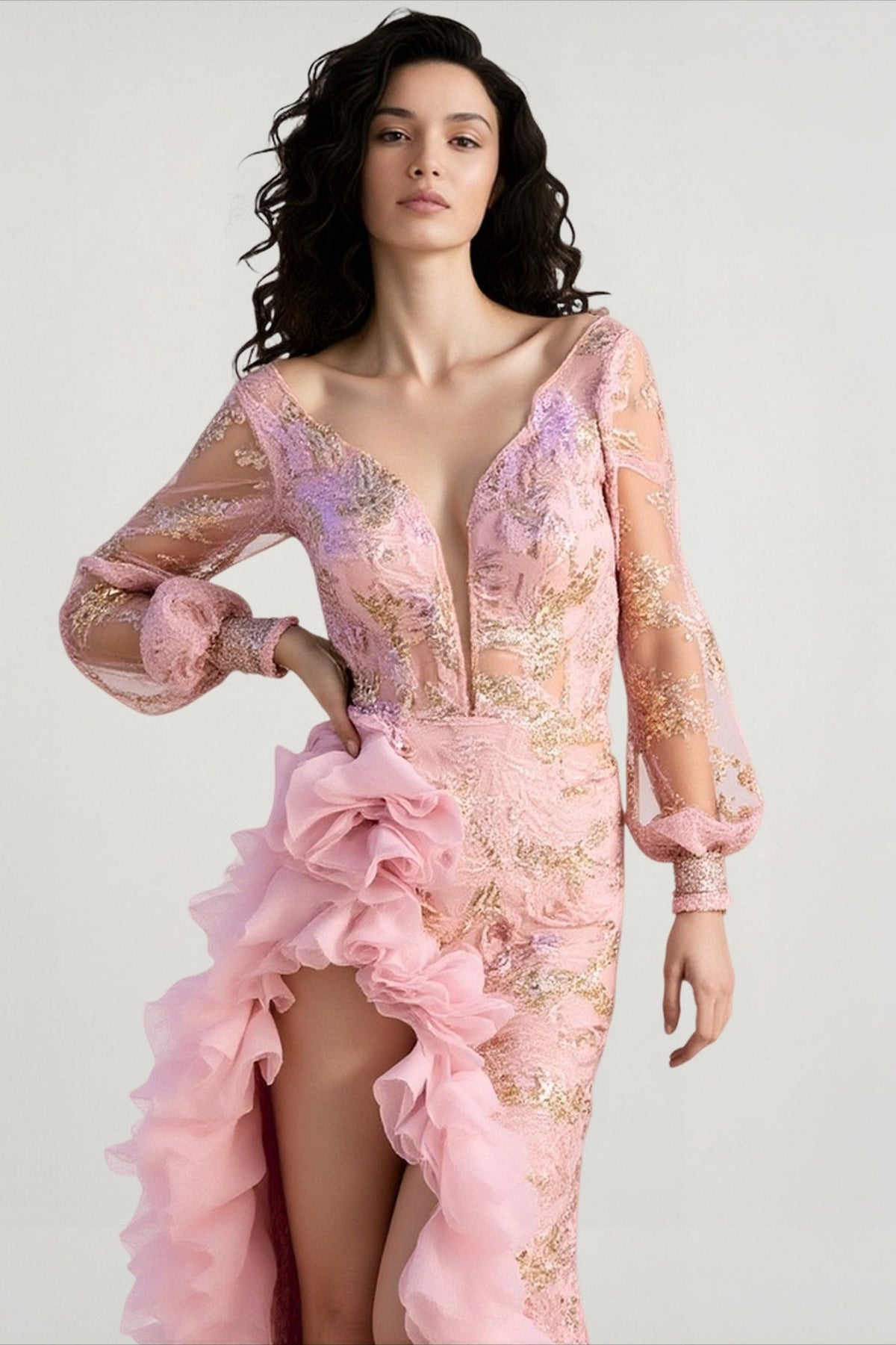 Plunging V Mesh Puff Sleeve Floral Sequin Slit Maxi Dress