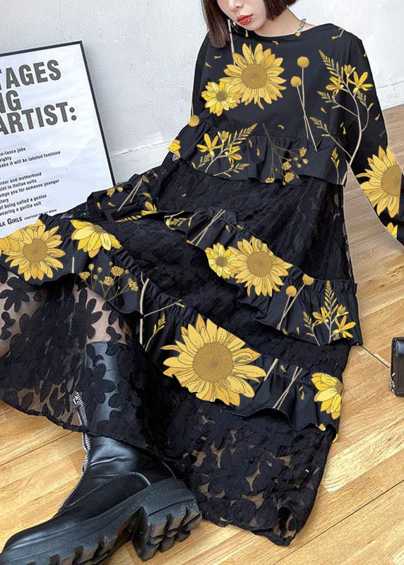 Round Neck Sunflower Print Lace Panel Tiered Ruffle Midi Dress