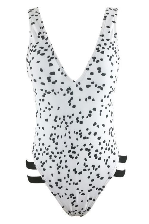 White Triangle Plunging Polka Dot Print Strappy Cutout Low Back High Cut Sexy One Piece Swimsuit