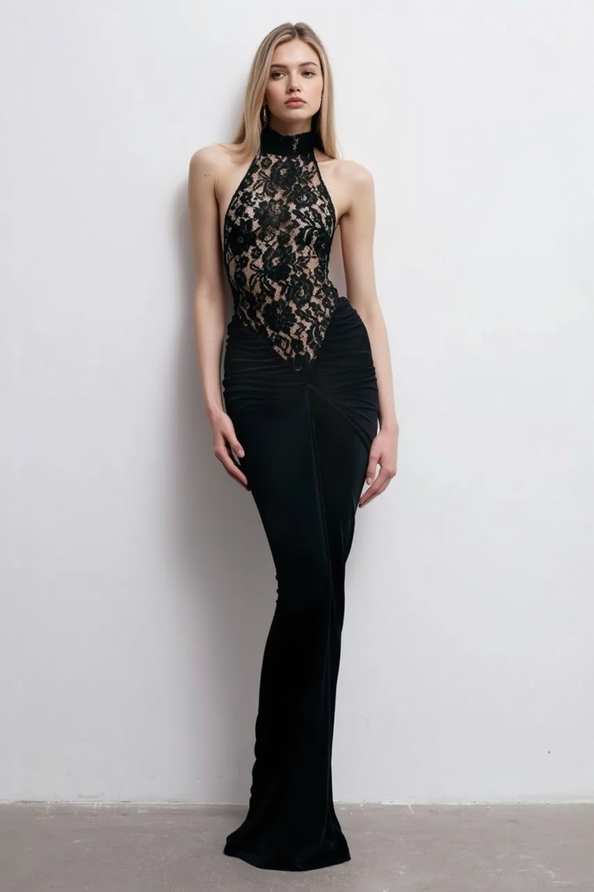 Lace Illusion Halter Cutout Fitted Mermaid Maxi Gown