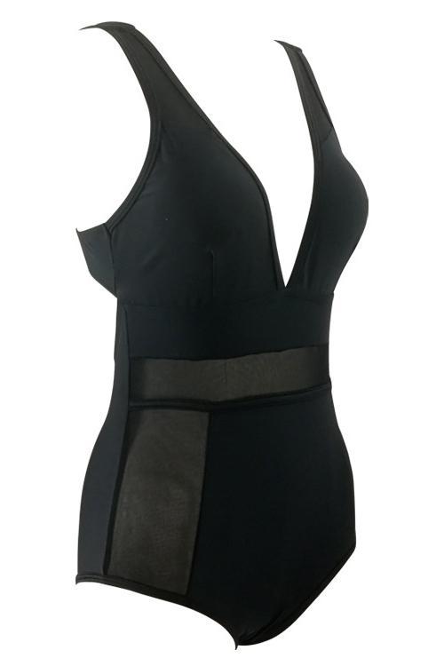 Black Plunging Mesh High Waisted Backless Sexy One Piece Swimsuit