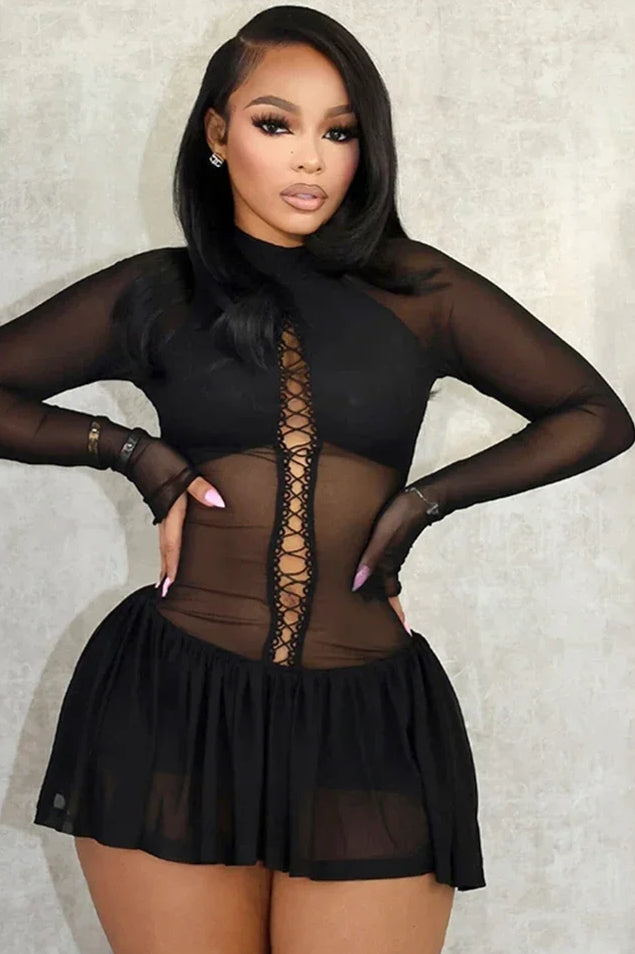 Mock Neck Sheer Mesh Lace-Up Front Pleated Flare Skirt Mini Dress