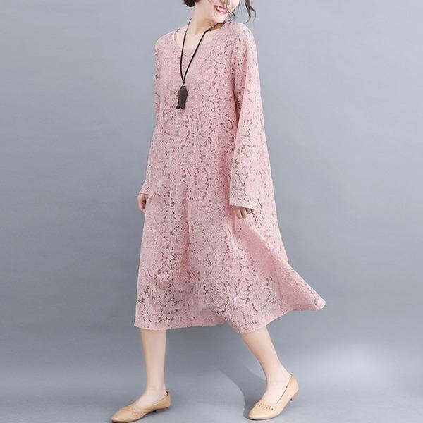 Round Neck Three Quarter Sleeve Floral Lace Overlay Shift Midi Dress 6