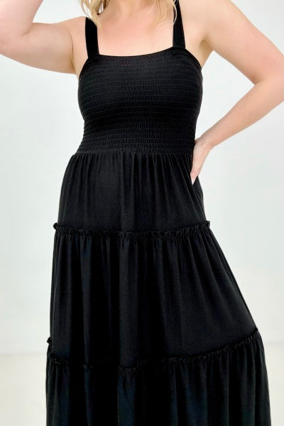 Square Neck Smocked Bodice Tiered Ruffle Maxi Dress 11