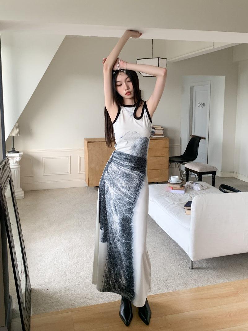 Abstract Graphic Print Sleeveless Cutout Detail Tank Maxi Dress 4