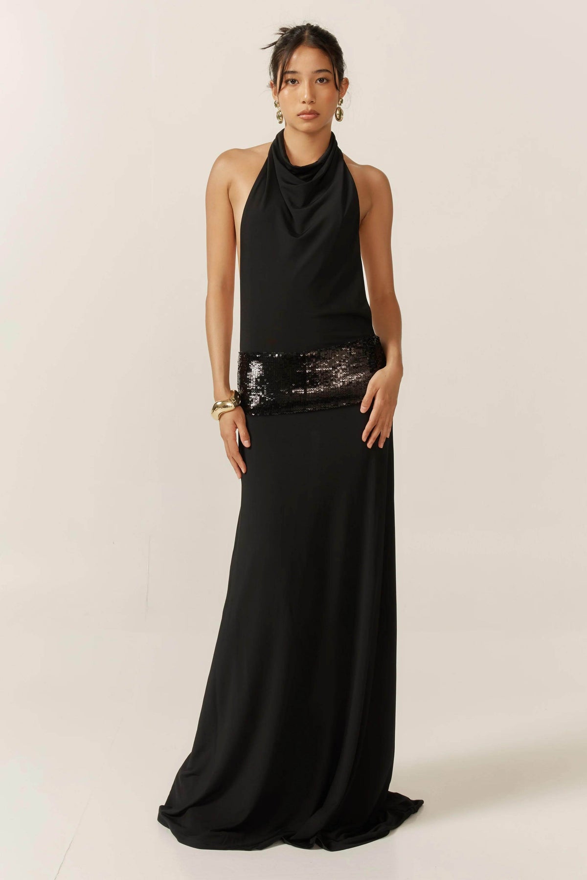 Draped Cowl Halter Open Back Sequin Waistband Floor-Length Gown