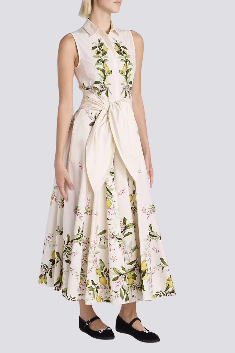 Lemon Floral Print Sleeveless Collared Tie Waist A-Line Midi Dress 5