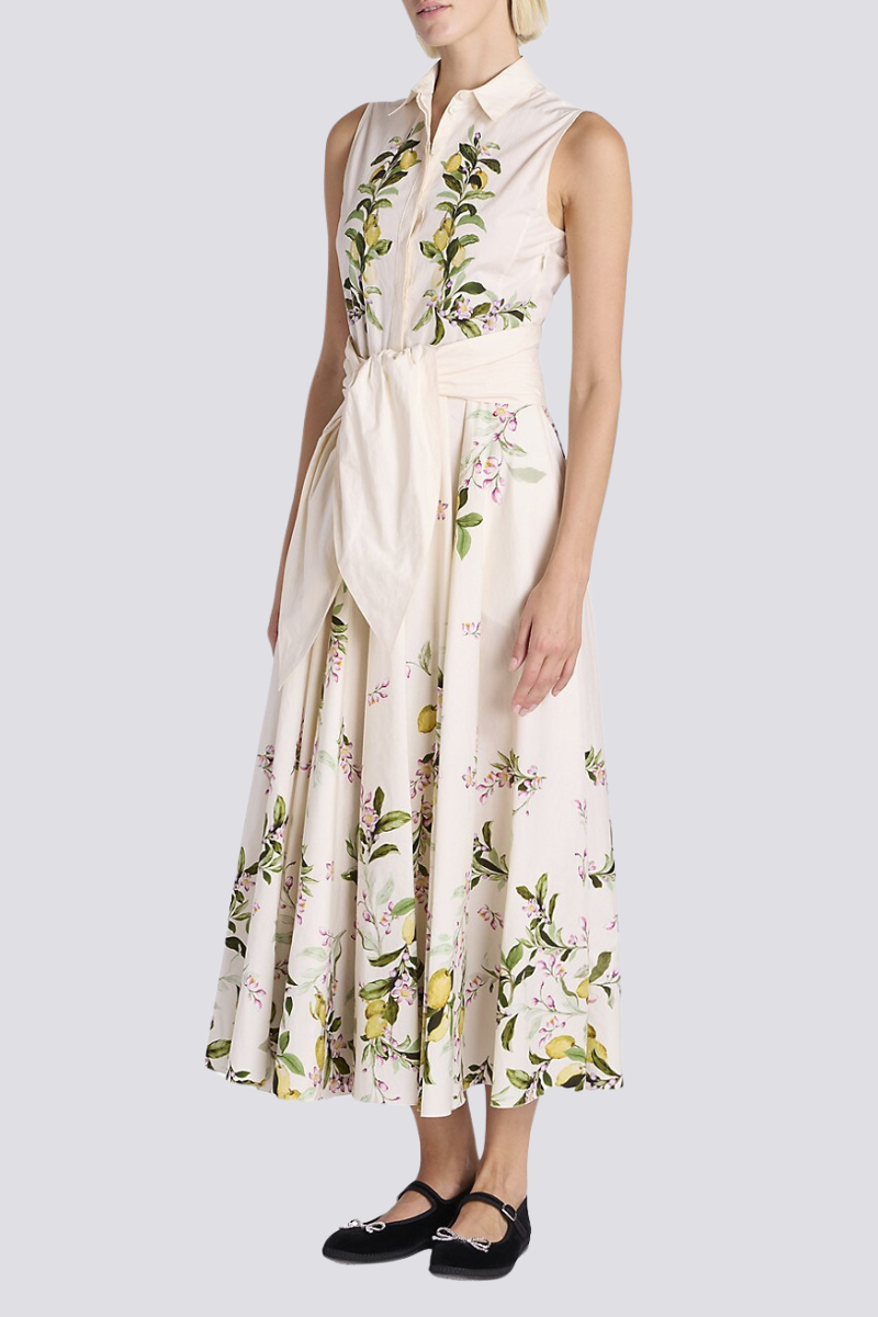 Lemon Floral Print Sleeveless Collared Tie Waist A-Line Midi Dress