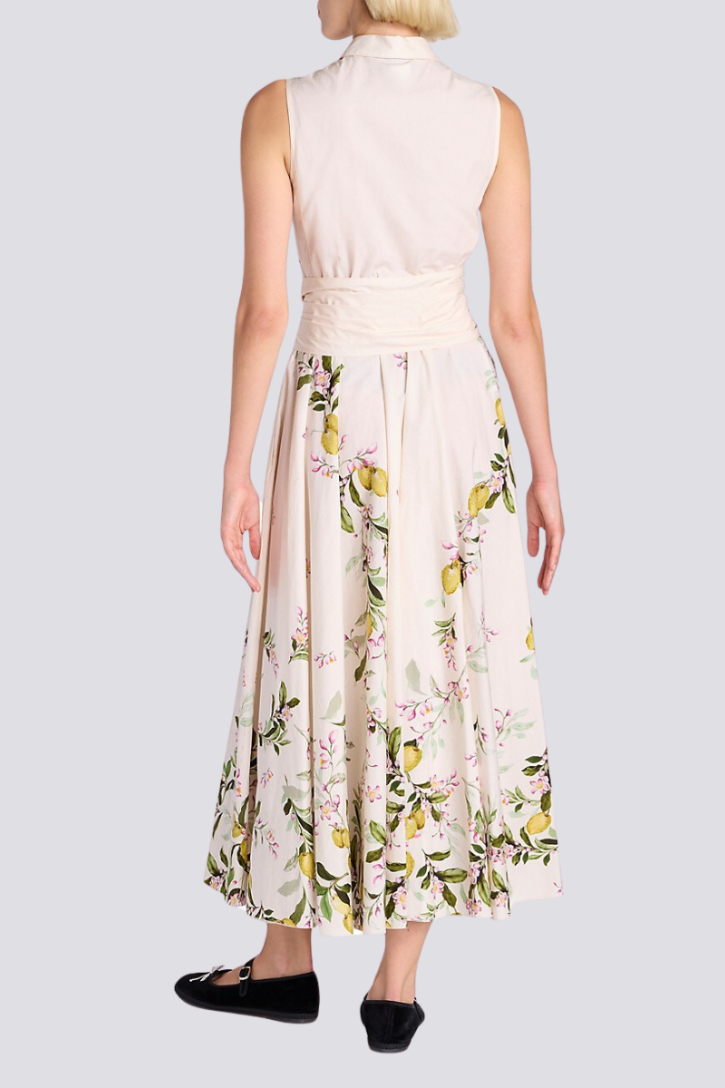 Lemon Floral Print Sleeveless Collared Tie Waist A-Line Midi Dress 2