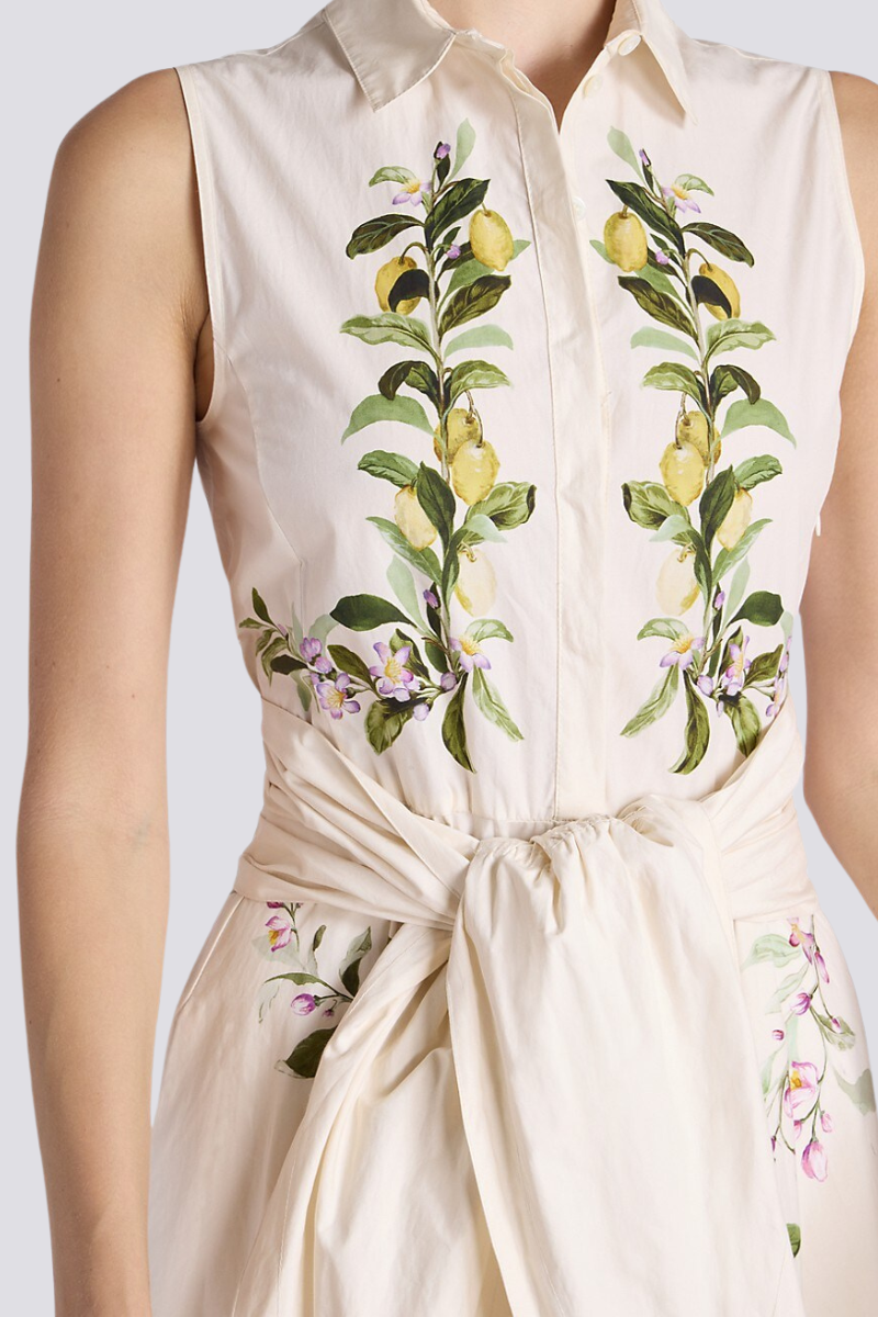 Lemon Floral Print Sleeveless Collared Tie Waist A-Line Midi Dress 3