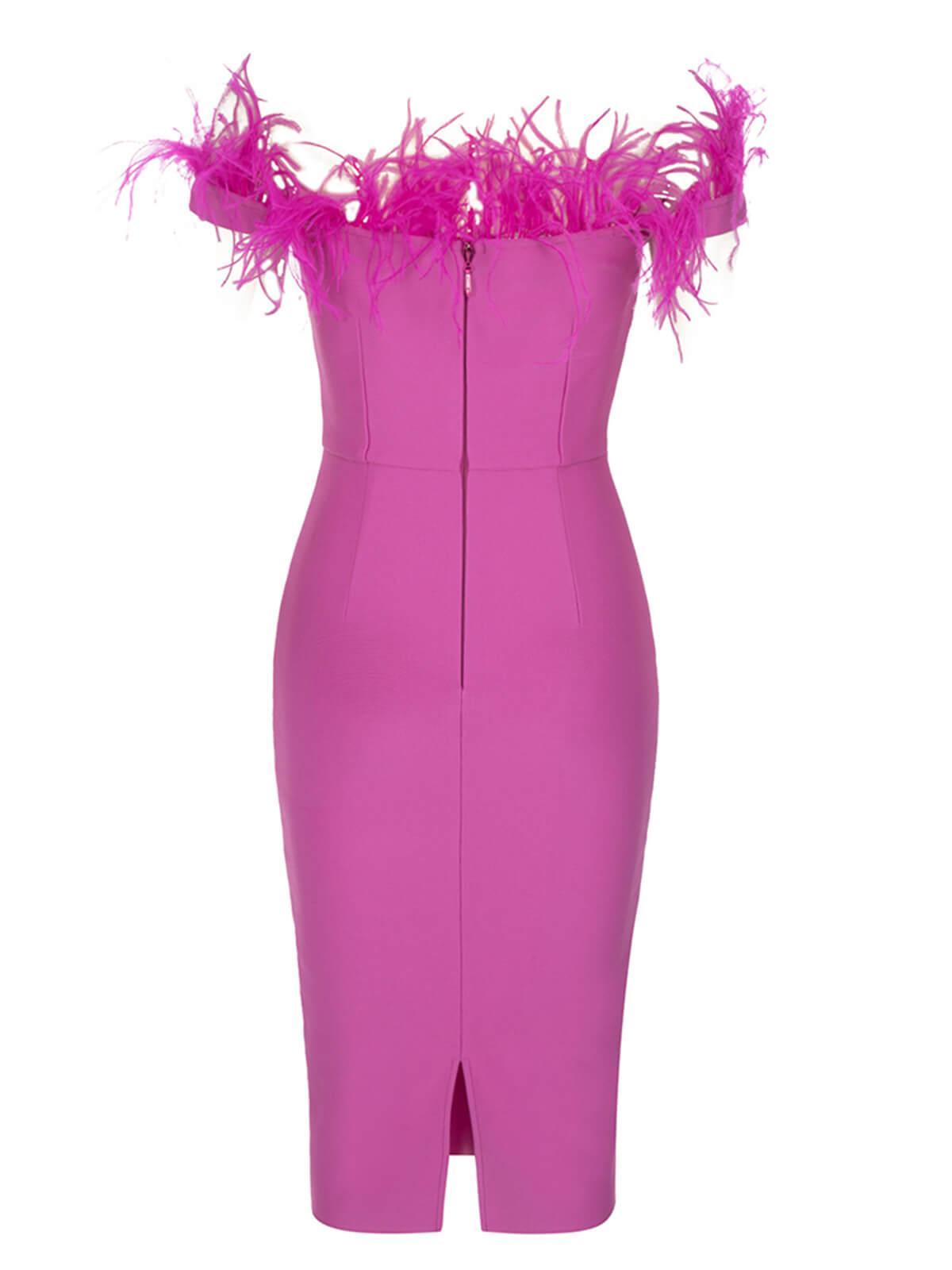 Off Shoulder Sweetheart Feather Trim Corset Boned Bandage Midi Dress 7