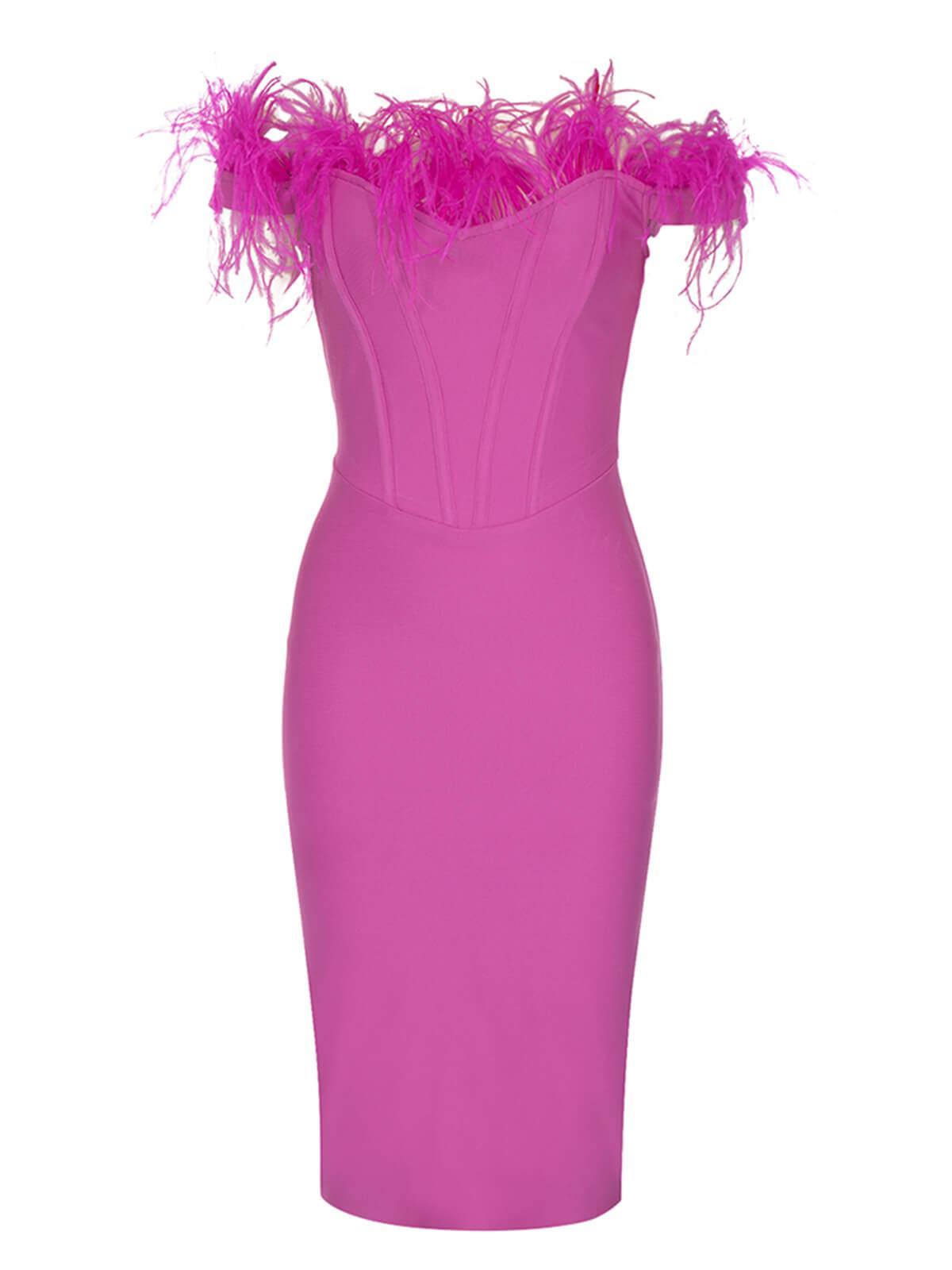 Off Shoulder Sweetheart Feather Trim Corset Boned Bandage Midi Dress 6
