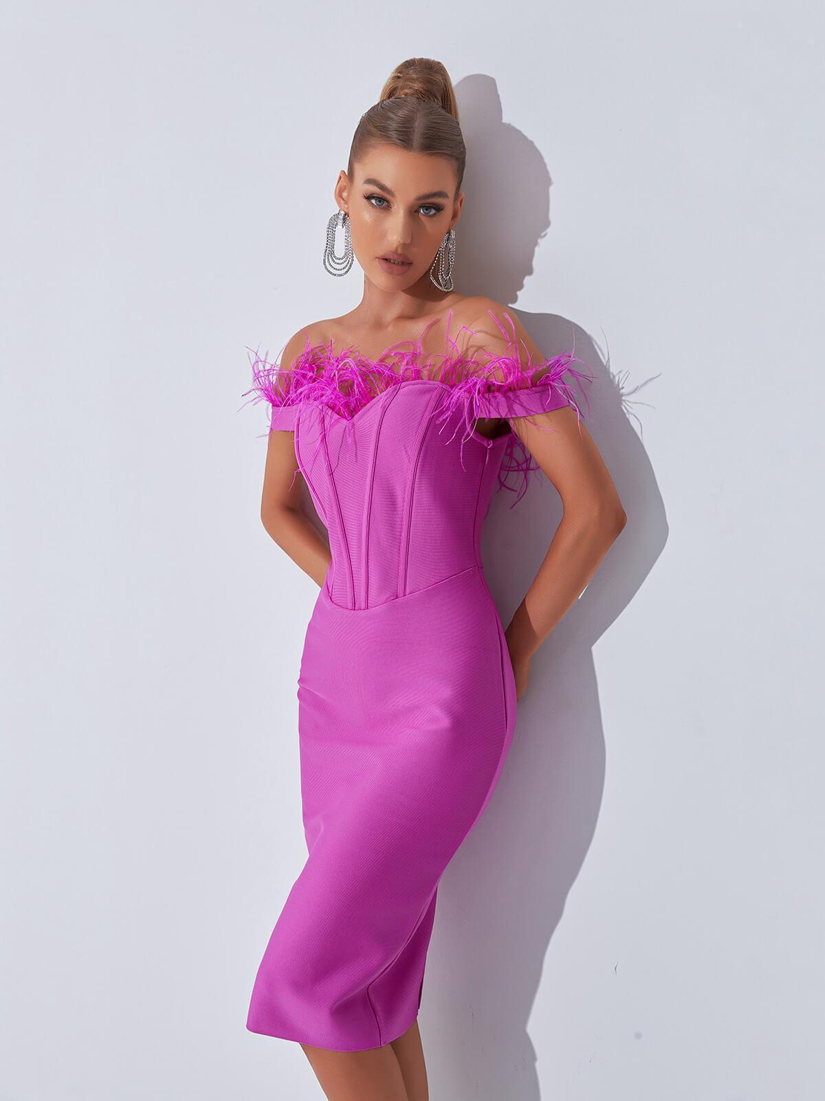 Off Shoulder Sweetheart Feather Trim Corset Boned Bandage Midi Dress 4