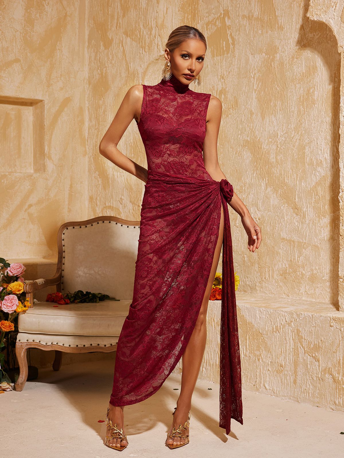 Mock Neck Floral Lace Rosette Drape High Slit Maxi Gown 4