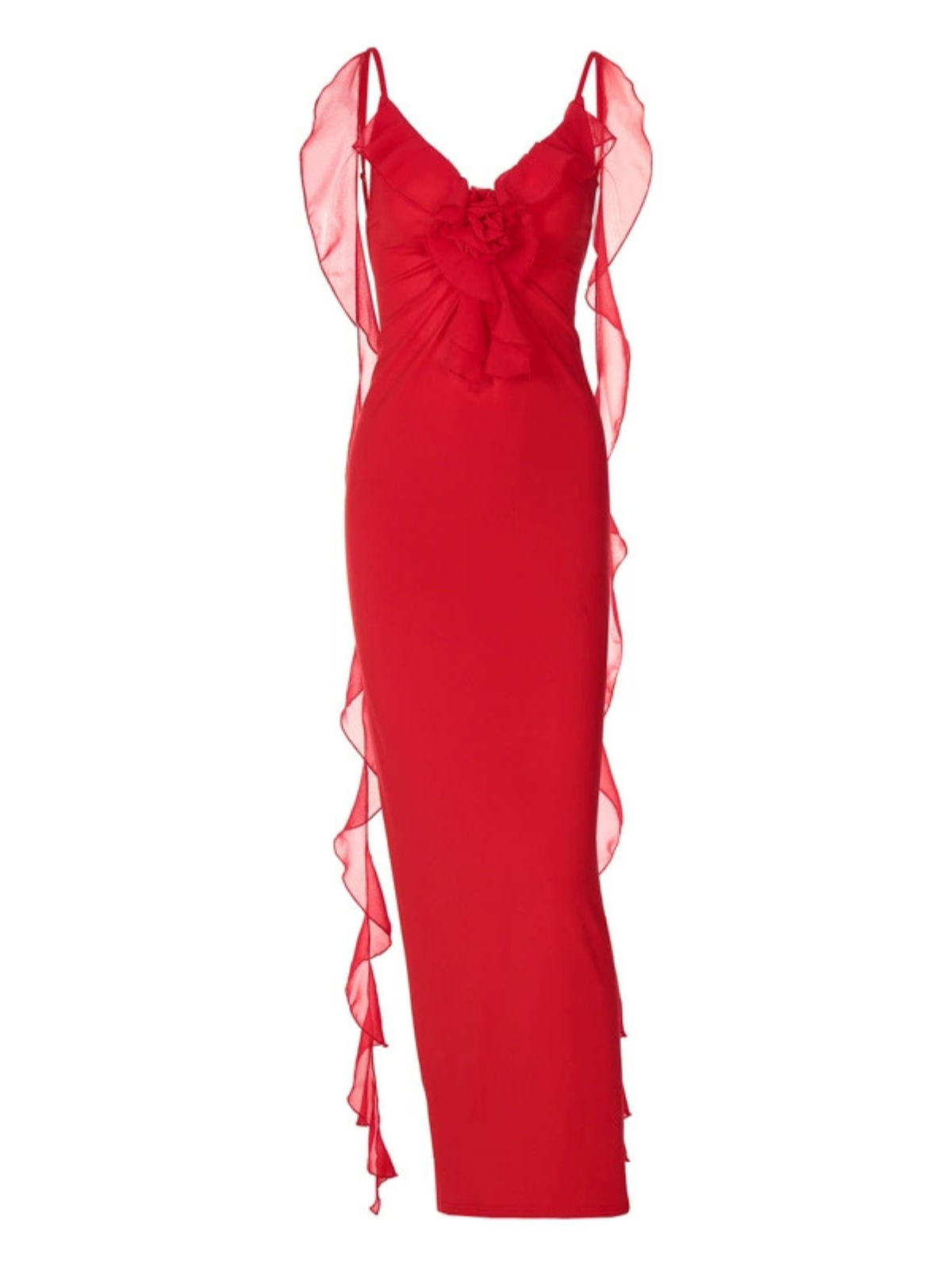 Spaghetti Strap Ruffle Rosette Streamer Column Maxi Gown 7