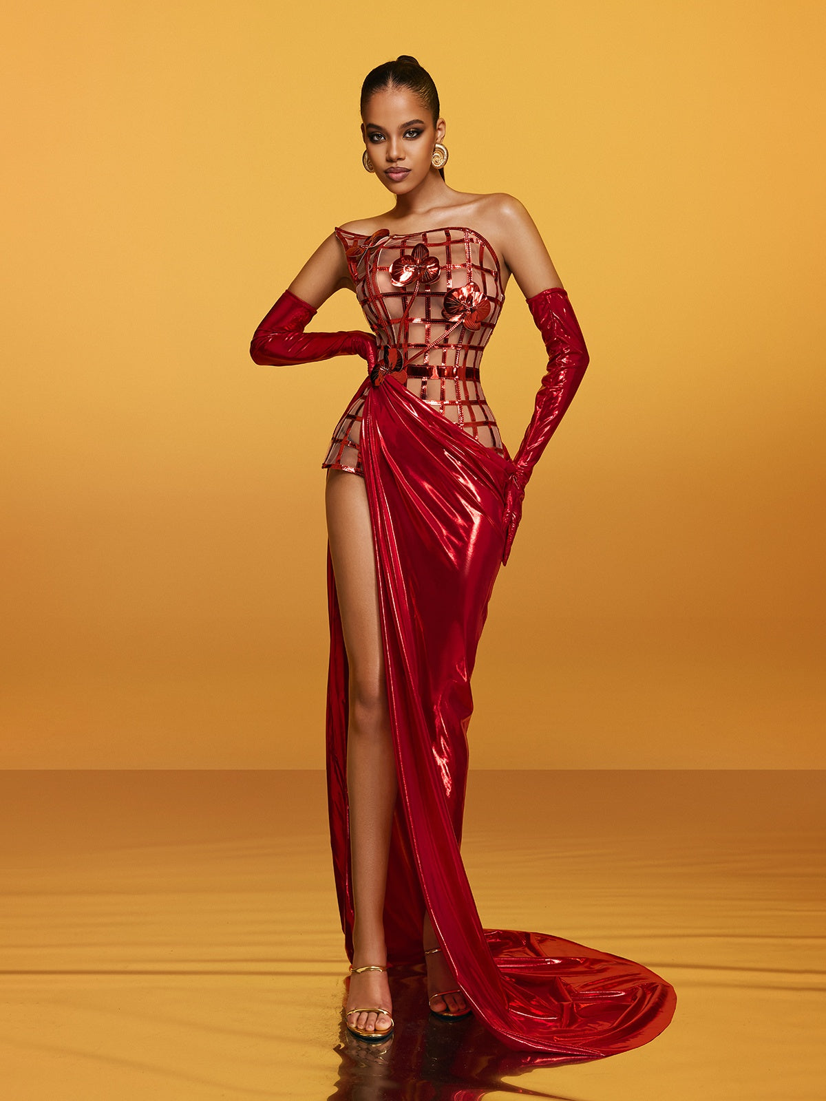 Strapless Metallic Flower Column Maxi Gown