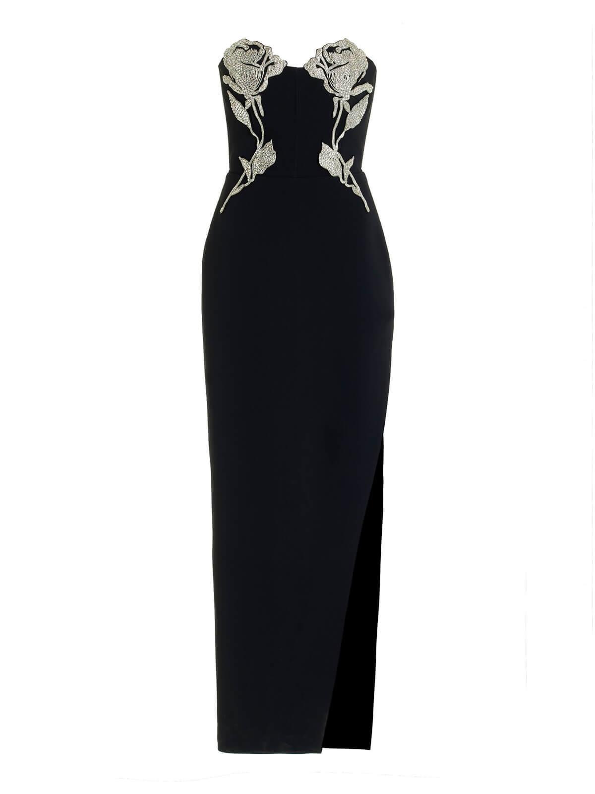 Strapless Crystal Rosette Embellished High Slit Column Maxi Gown 7
