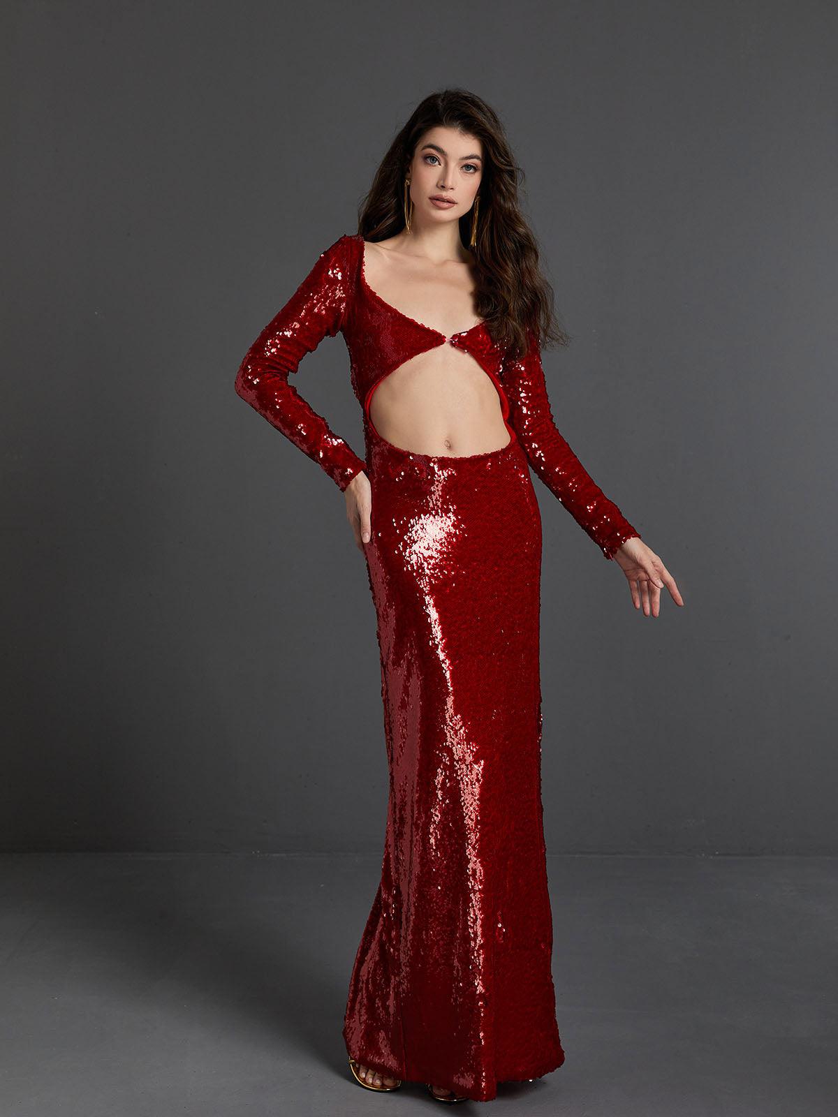 Scoop Neck Long Sleeve Sequin Waist Cutout Maxi Dress