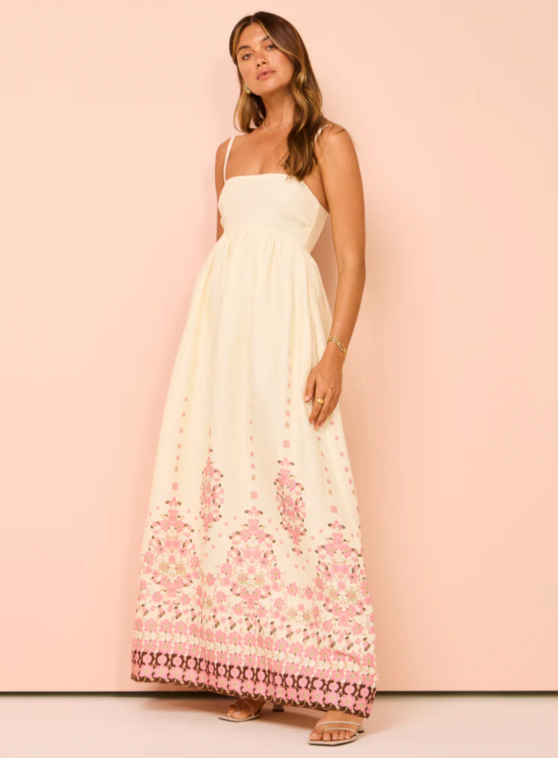 Spaghetti Strap Floral Border Print Empire Maxi Dress 2