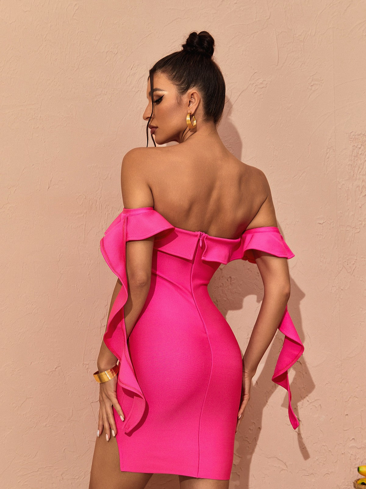 Off Shoulder Ruffle Trim Bandage Thigh Slit Mini Dress 5