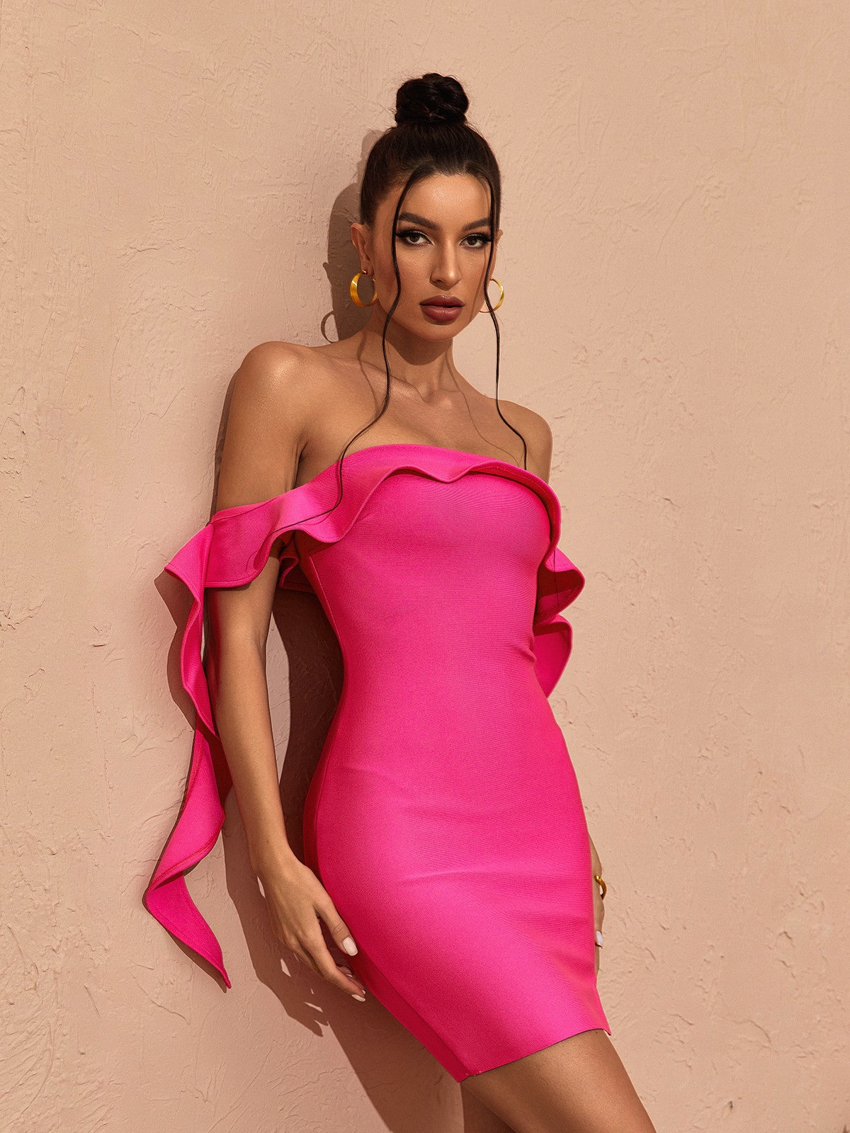Off Shoulder Ruffle Trim Bandage Thigh Slit Mini Dress 3