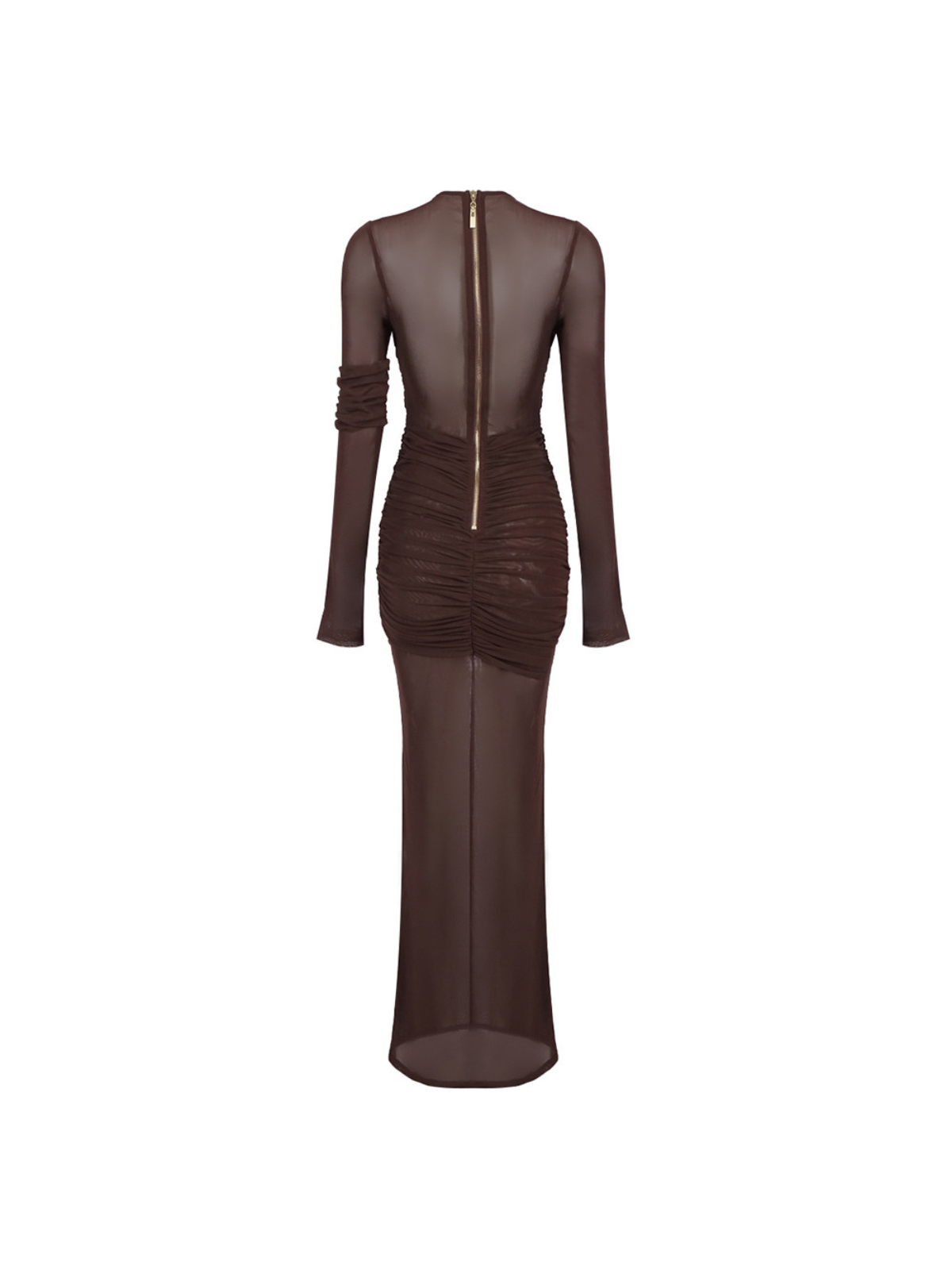 Round Neck Long Sleeve Crossover Draped Mesh Cutout Ruched Sheer Overlay Maxi Dress 8
