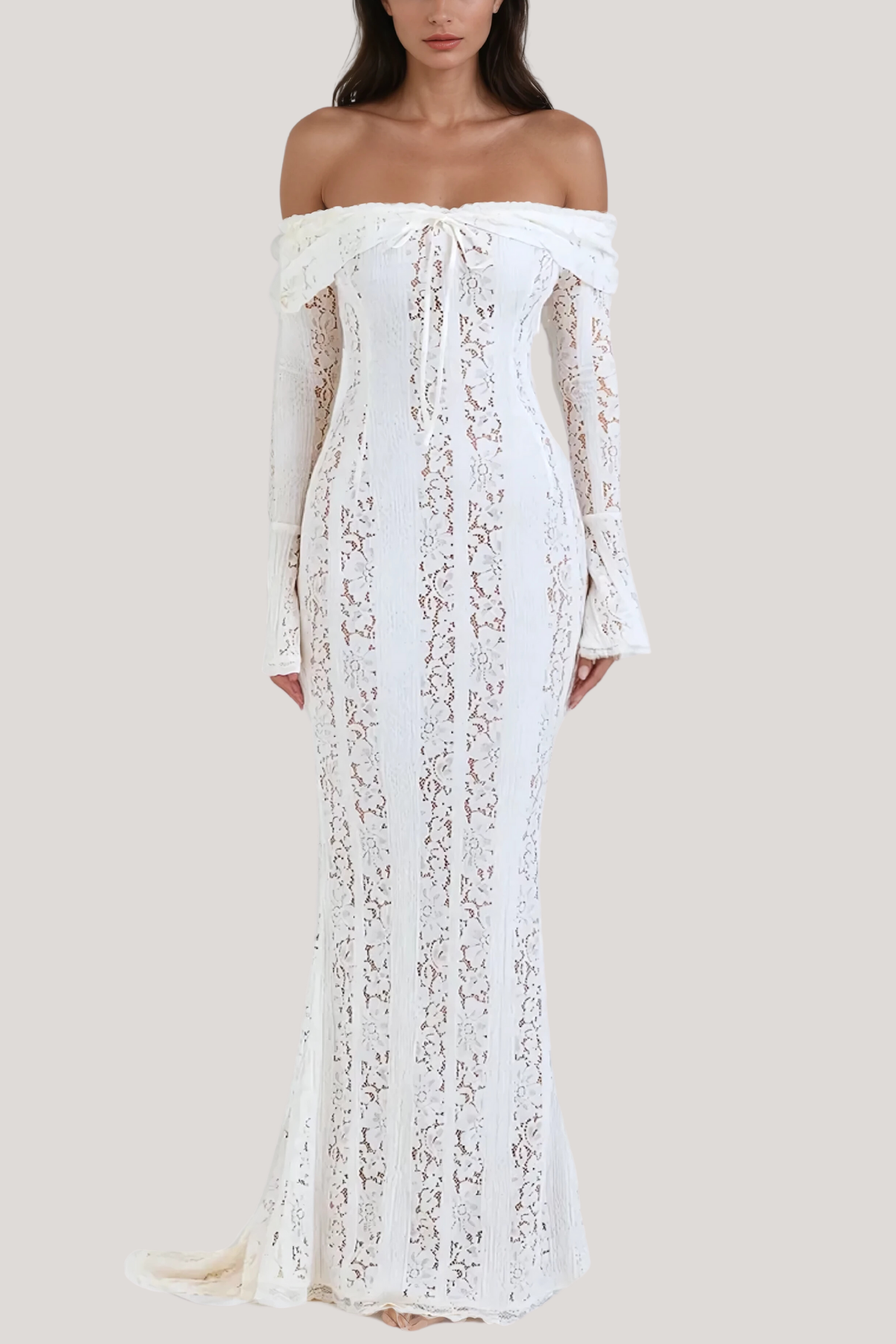 Off Shoulder Lace Up Front Bell Sleeve Floral Lace Panel Column Maxi Gown