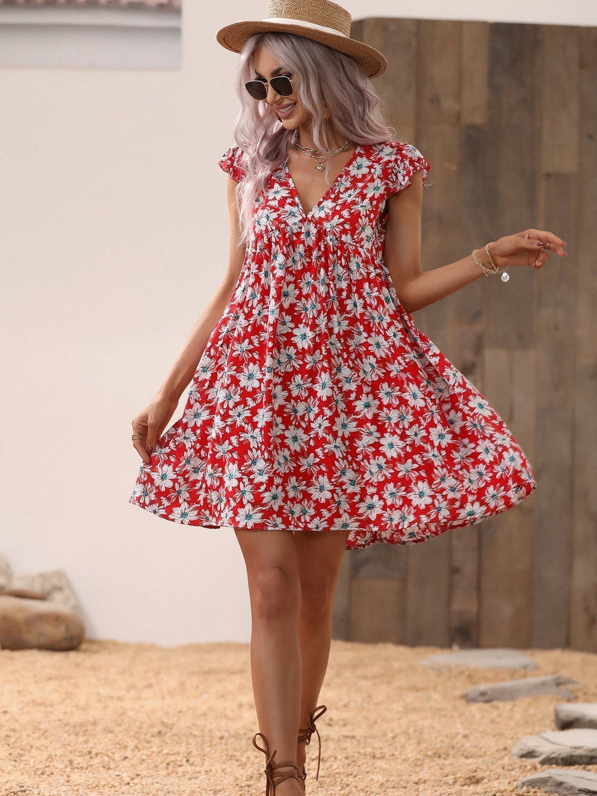 V-Neck Cap Sleeve Smocked Bodice Floral Print Babydoll Mini Dress