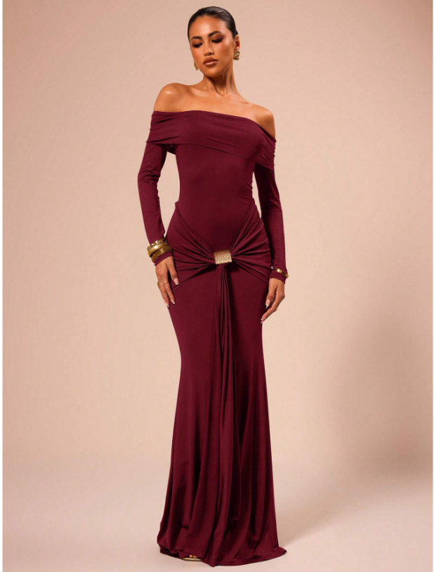 Off Shoulder Long Sleeve Ruched Metal Buckle Drape Front Maxi Gown