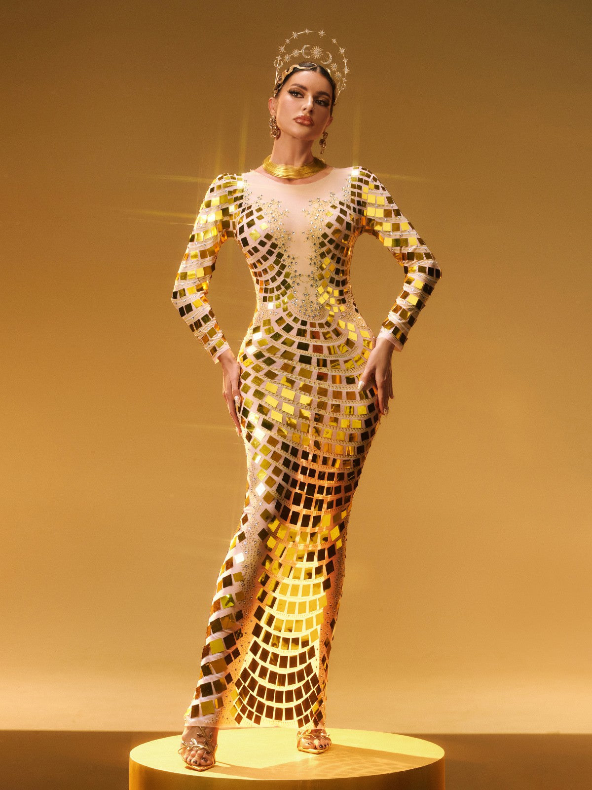 Long Sleeve Mirror Tile Mesh Embellished Maxi Gown 3